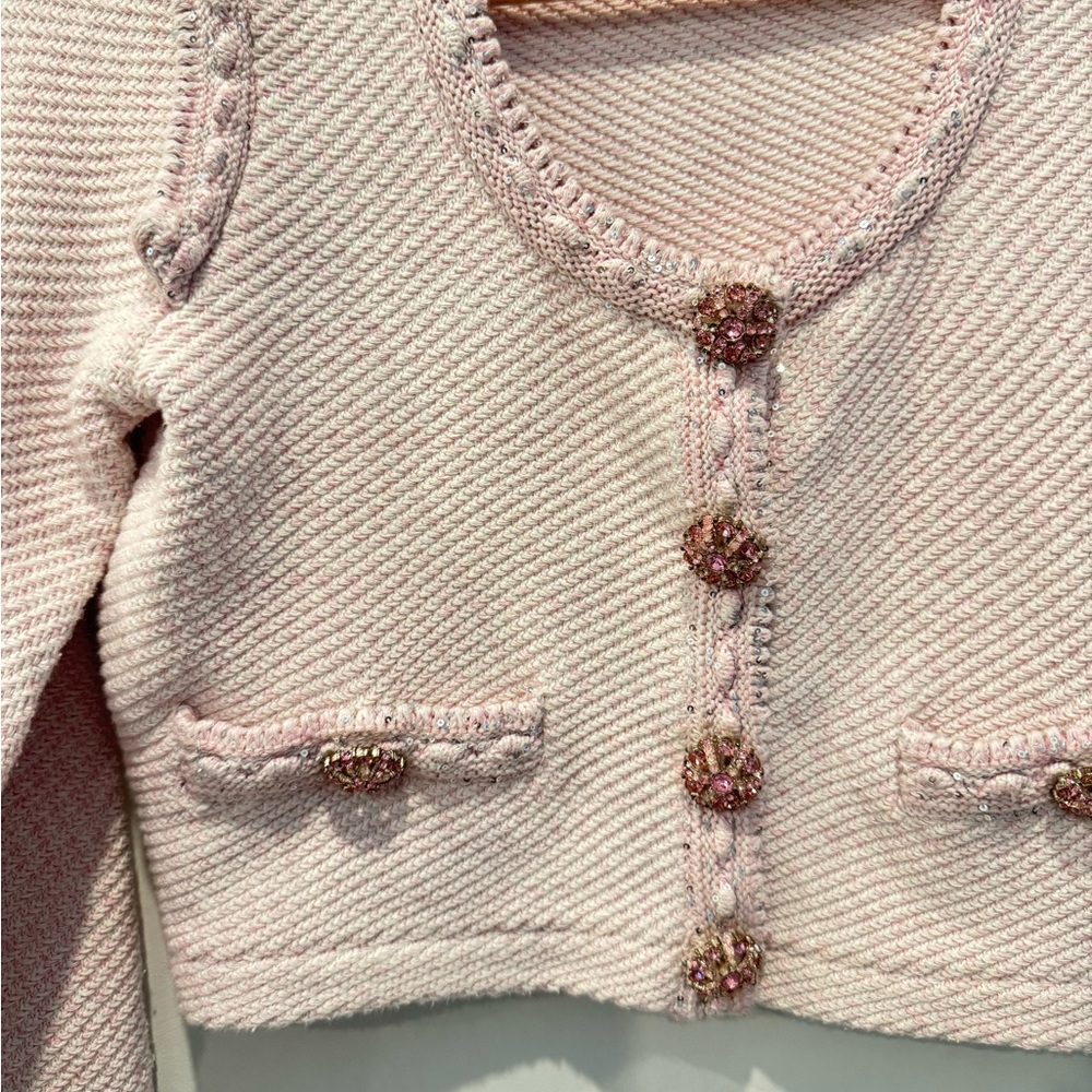 SOLD Self-Portrait Baby Pink Knit Crop Cardigan | XS | Pearl Button Detail - Picture 8 of 11